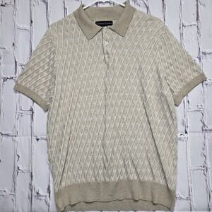 Christian Lacroix Sweater‎ Button Up Knit Polo Mens Sz L Cotton Blend Tan White